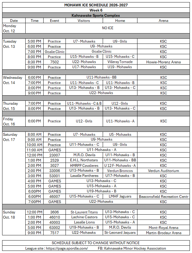 Week 6 Schedule- Update 